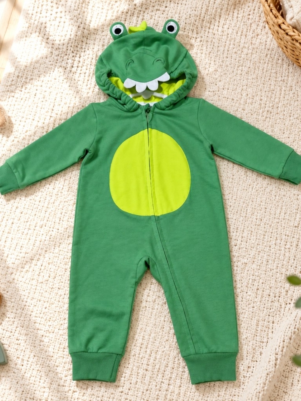 Baby Boy Green Alligator Hooded Jumpsuit with Lime Belly Sz 6/12 Months